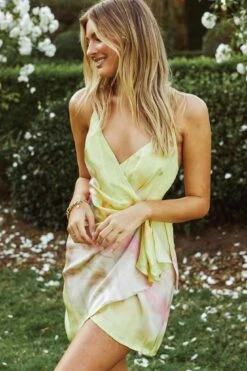 Medellin Gathered Detail Side-Tie Wrap Dress Tie-Dye Pink/Yellow -Selfie Leslie Shop 62870B01 PINK YELLOW 8