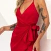 Medellin Gathered Detail Side-Tie Wrap Dress Red