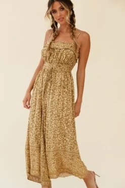 Weekend Escape Cami Strap Drawstring Jumpsuit Animal Print Khaki -Selfie Leslie Shop 62876D01 KHAKI 5