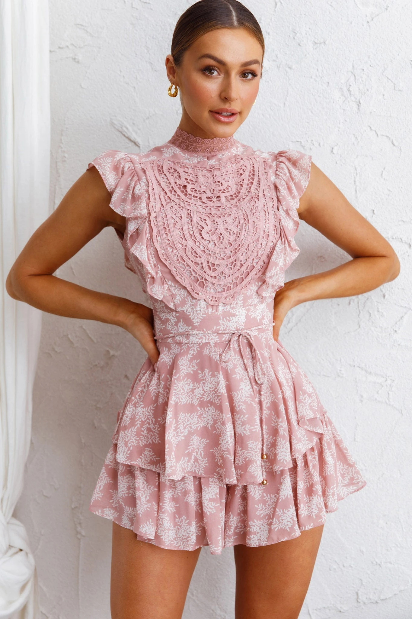 Nellie Lace Bust High Neck Romper Floral Blush 3 Nellie Lace Bust High Neck Romper Floral Blush