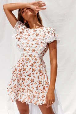 Hello Sunshine Lace Trim Ruffle Shoulder Dress Floral Print White/Orange -Selfie Leslie Shop 62915D WHITE ORANGE 2