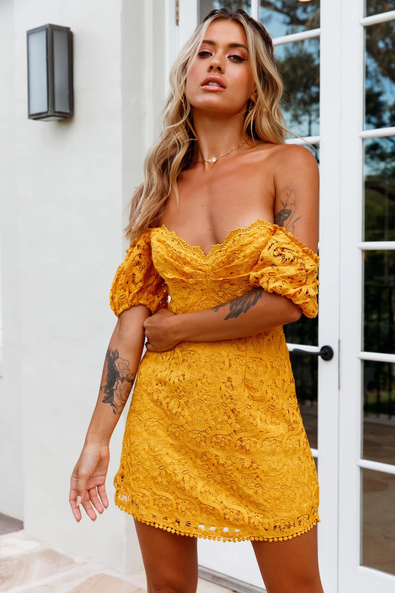 Costa Mesa Puff Sleeve Lace Overlay Dress Yellow 5 Costa Mesa Puff Sleeve Lace Overlay Dress Yellow - Image 3