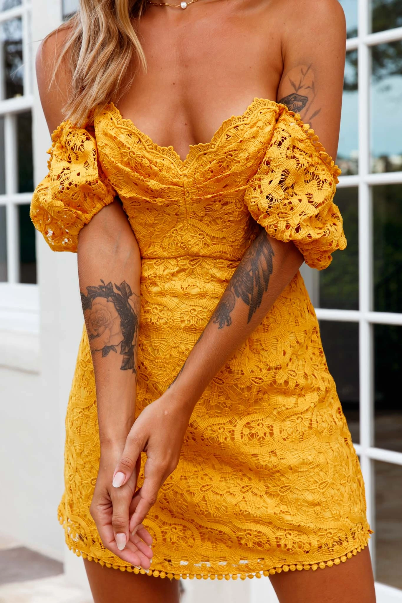 Costa Mesa Puff Sleeve Lace Overlay Dress Yellow 6 Costa Mesa Puff Sleeve Lace Overlay Dress Yellow - Image 4