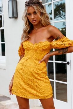 Costa Mesa Puff Sleeve Lace Overlay Dress Yellow 15 Costa Mesa Puff Sleeve Lace Overlay Dress Yellow -Selfie Leslie Shop 62989B YELLOW 6