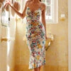 Lake Como Fitted Bodice Cami Strap Midi Dress Floral Paint Green -Selfie Leslie Shop 62991B12 20GREEN 1