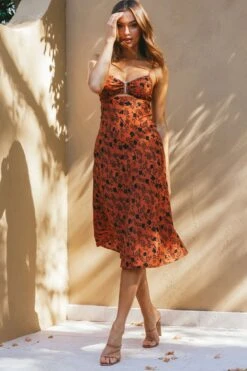 Melancholy Resin Buckle Midi Dress Floral Print Orange -Selfie Leslie Shop 63030D01 ORANGE 2