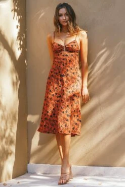 Melancholy Resin Buckle Midi Dress Floral Print Orange -Selfie Leslie Shop 63030D01 ORANGE 5