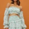 Hearts Beat Shirred Waist Layered Skirt Floral Print Mint
