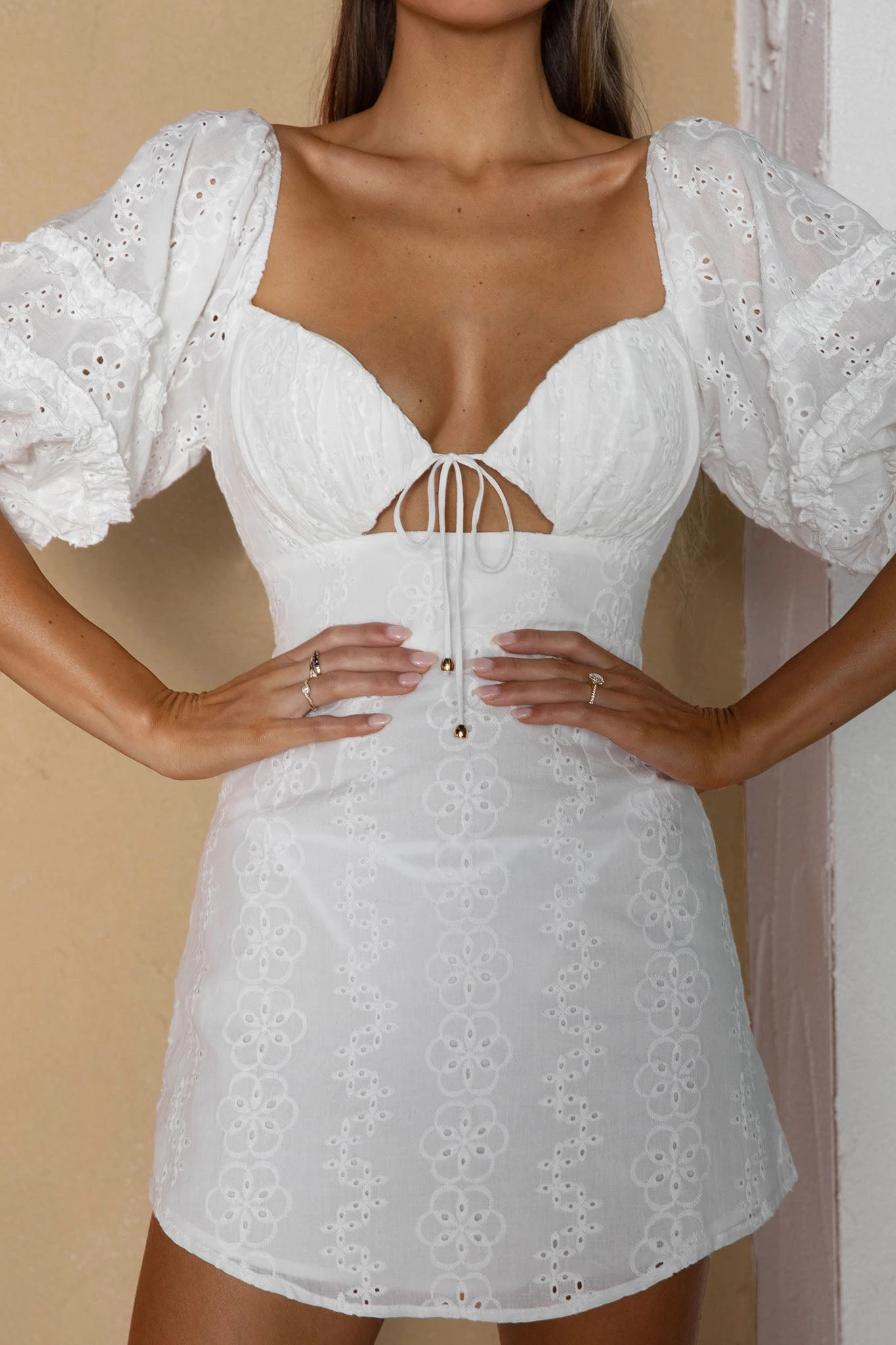 Sweet Romance Puff Sleeve Eyelet Mini Dress White 6 Sweet Romance Puff Sleeve Eyelet Mini Dress White - Image 4