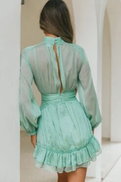 Mandalay High Neck Long Sleeve Waistband Dress Sage -Selfie Leslie Shop 63281N01 20SAGE 3