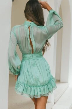 Mandalay High Neck Long Sleeve Waistband Dress Sage -Selfie Leslie Shop 63281N01 20SAGE 6