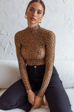 Feelin' It Long Sleeve Turtleneck Sheer Bodysuit Orange Leopard Print -Selfie Leslie Shop 63288J 20ORANGE 20LEOPARD 4