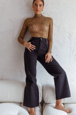 Feelin' It Long Sleeve Turtleneck Sheer Bodysuit Orange Leopard Print -Selfie Leslie Shop 63288J 20ORANGE 20LEOPARD 5