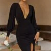 Sunsets In Tahiti Deep V-Neckline Lantern Sleeve Bodysuit Black 2 Sunsets In Tahiti Deep V-Neckline Lantern Sleeve Bodysuit Black -Selfie Leslie Shop 63386D 20BLACK 1