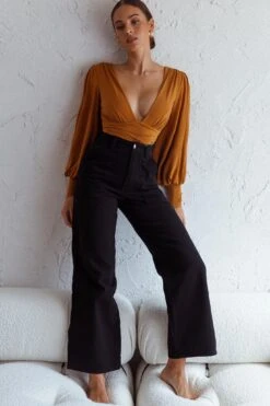 Sunsets In Tahiti Deep V-Neckline Lantern Sleeve Bodysuit Tan -Selfie Leslie Shop 63386D TAN 2