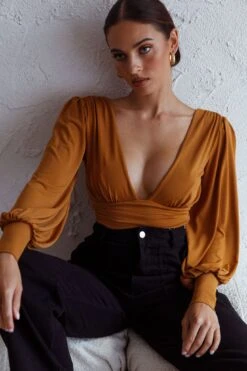 Sunsets In Tahiti Deep V-Neckline Lantern Sleeve Bodysuit Tan -Selfie Leslie Shop 63386D TAN 4