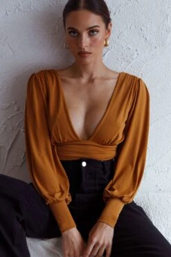 Sunsets In Tahiti Deep V-Neckline Lantern Sleeve Bodysuit Tan -Selfie Leslie Shop 63386D TAN 5