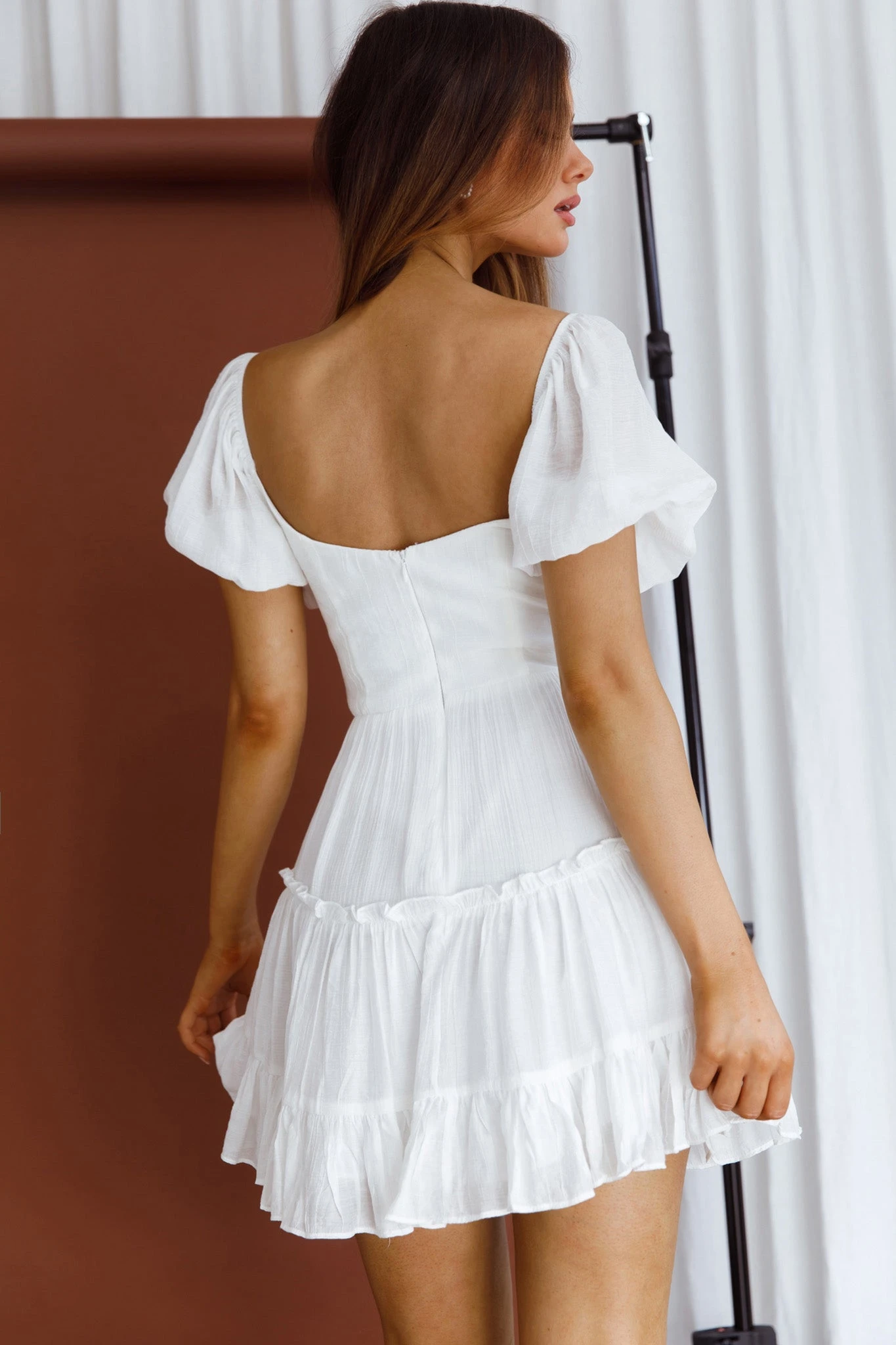 Camille Gathered Bodice Puff Sleeve Flounce Hem Mini Dress White 4 Camille Gathered Bodice Puff Sleeve Flounce Hem Mini Dress White - Image 2