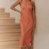 Madison Avenue Keyhole Bust Halterneck Midi Dress Apricot