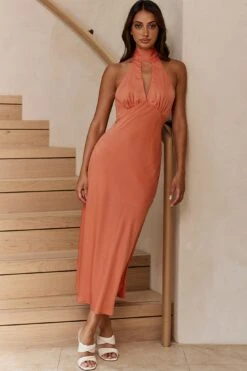 Madison Avenue Keyhole Bust Halterneck Midi Dress Apricot -Selfie Leslie Shop 63545J 20APRICOT 2
