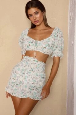 April Flowers Frill Mini Skirt Floral Green -Selfie Leslie Shop 63605J S 20GREEN 6