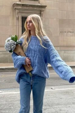 Nicola Long Sleeve Chunky Cable Knit Sweater Blue -Selfie Leslie Shop 71001DBLUE