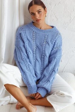 Nicola Long Sleeve Chunky Cable Knit Sweater Blue -Selfie Leslie Shop 71001D BLUE 5