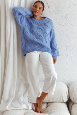 Nicola Long Sleeve Chunky Cable Knit Sweater Blue -Selfie Leslie Shop 71001D BLUE 7