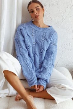 Nicola Long Sleeve Chunky Cable Knit Sweater Blue -Selfie Leslie Shop 71001D BLUE 8