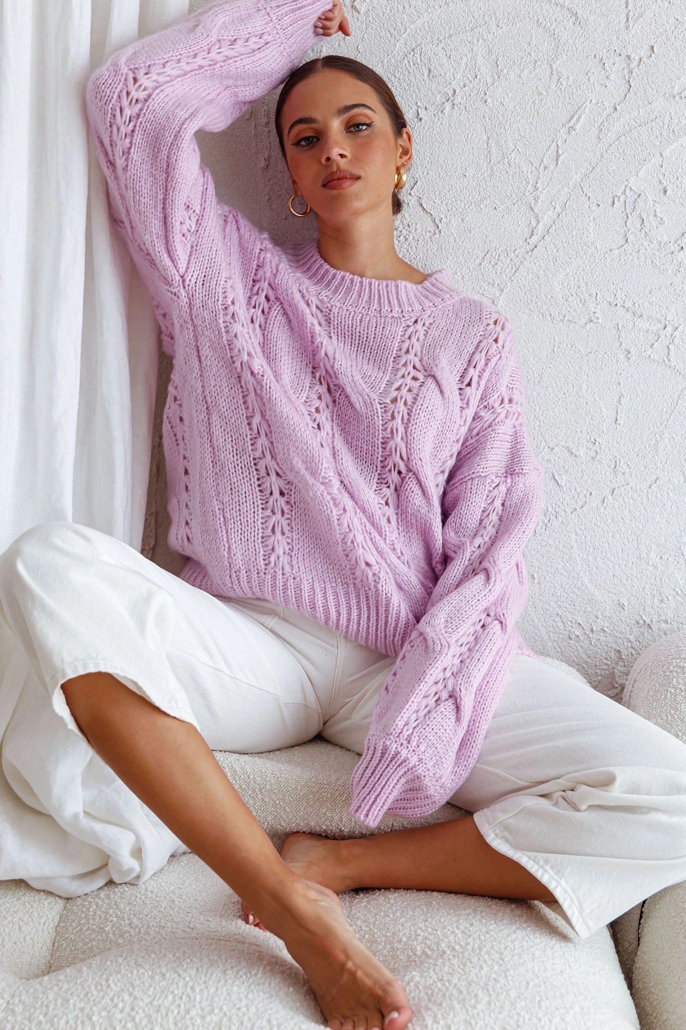 Nicola Long Sleeve Chunky Cable Knit Sweater Lilac 3 Nicola Long Sleeve Chunky Cable Knit Sweater Lilac