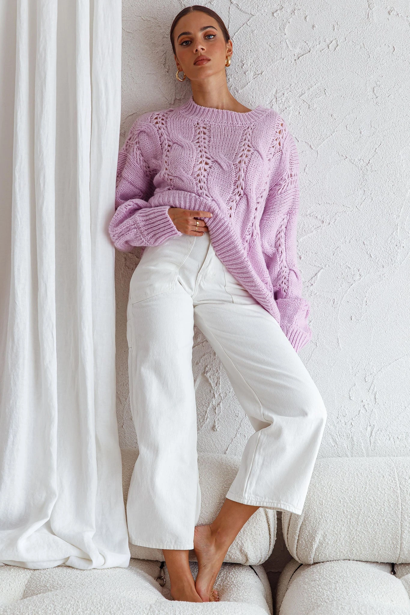 Nicola Long Sleeve Chunky Cable Knit Sweater Lilac 5 Nicola Long Sleeve Chunky Cable Knit Sweater Lilac - Image 3