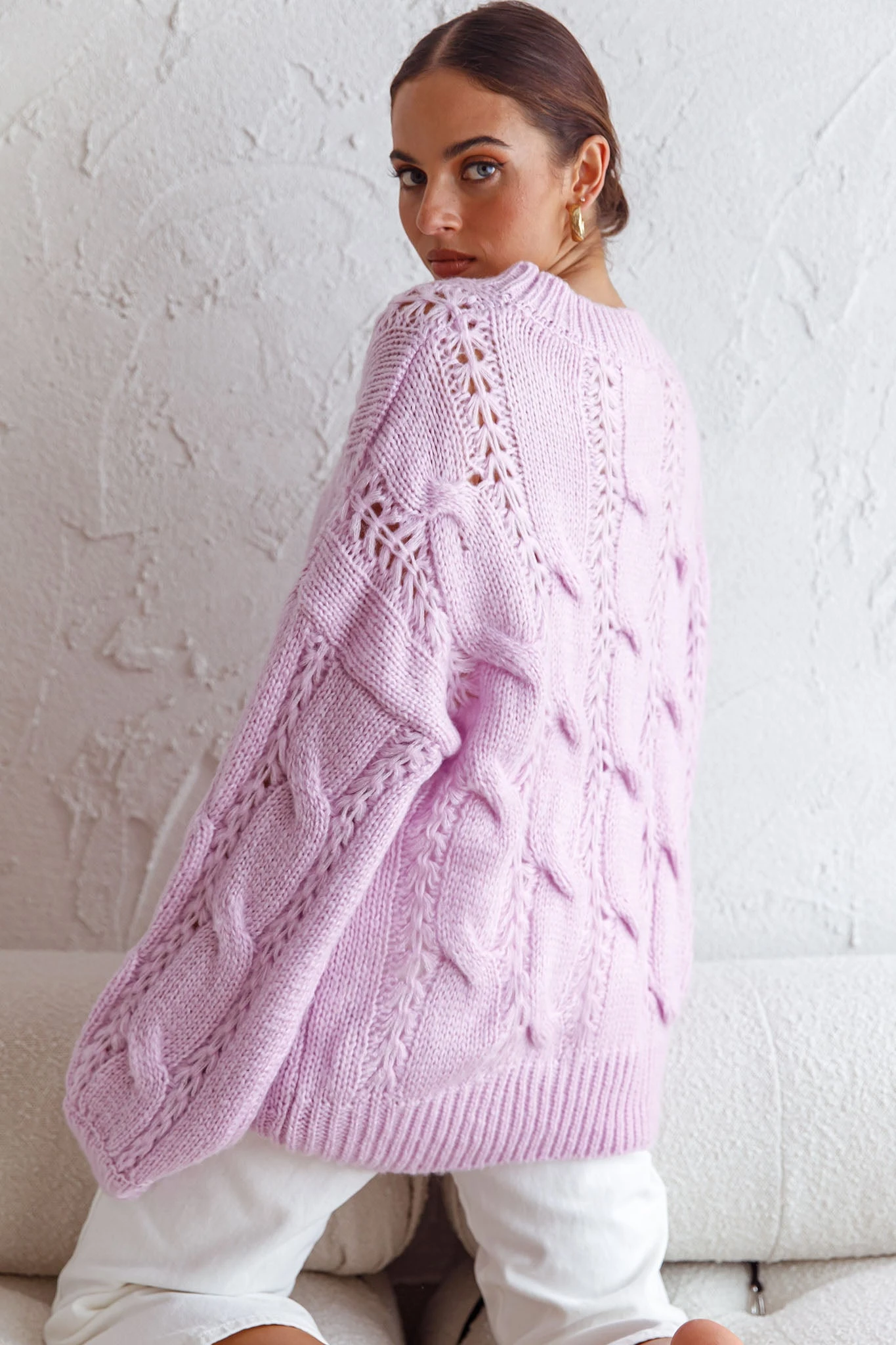 Nicola Long Sleeve Chunky Cable Knit Sweater Lilac 4 Nicola Long Sleeve Chunky Cable Knit Sweater Lilac - Image 2