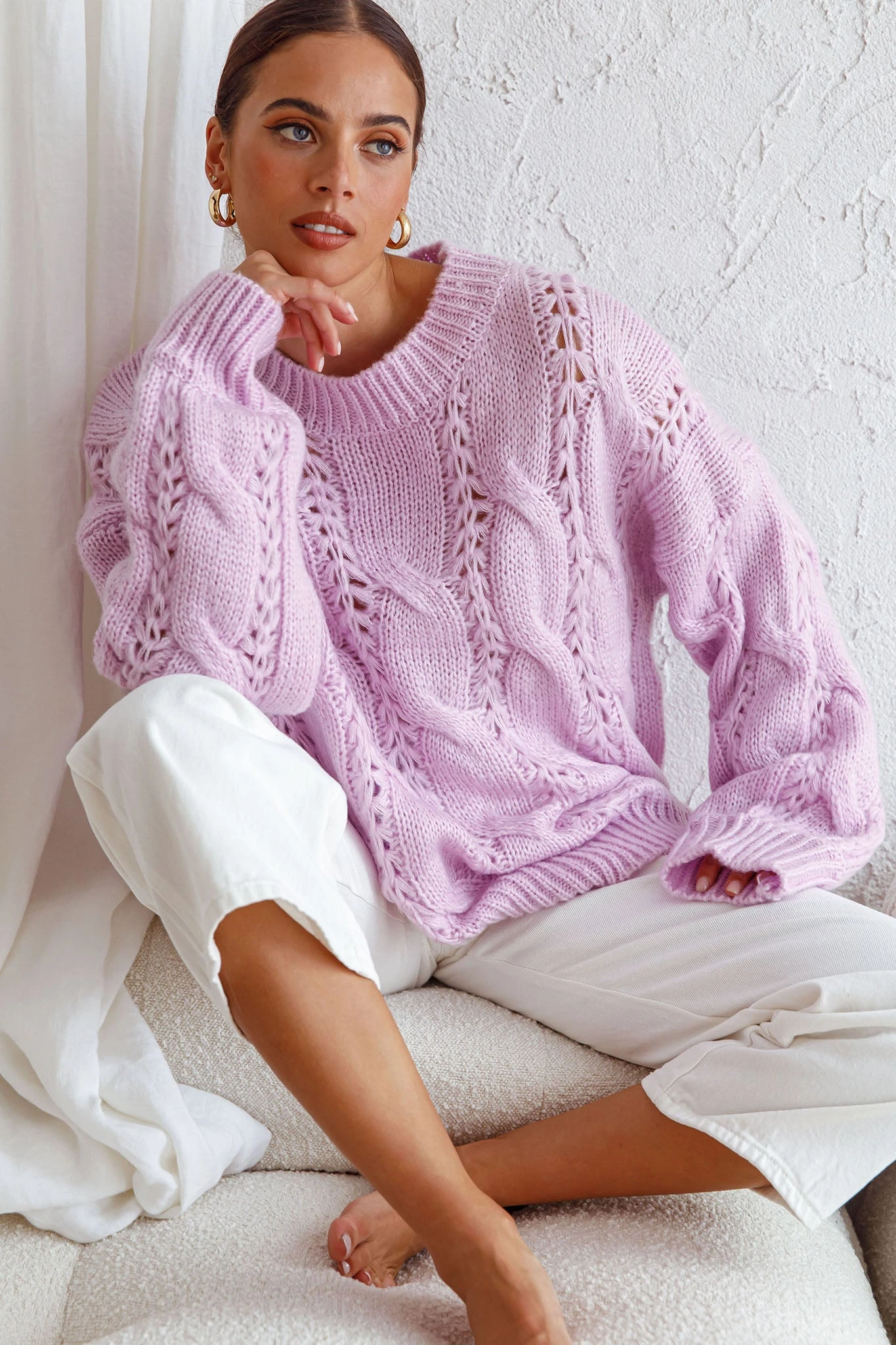 Nicola Long Sleeve Chunky Cable Knit Sweater Lilac 8 Nicola Long Sleeve Chunky Cable Knit Sweater Lilac - Image 6