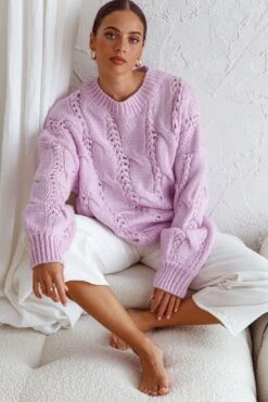 Nicola Long Sleeve Chunky Cable Knit Sweater Lilac 16 Nicola Long Sleeve Chunky Cable Knit Sweater Lilac -Selfie Leslie Shop 71001D LILAC 7