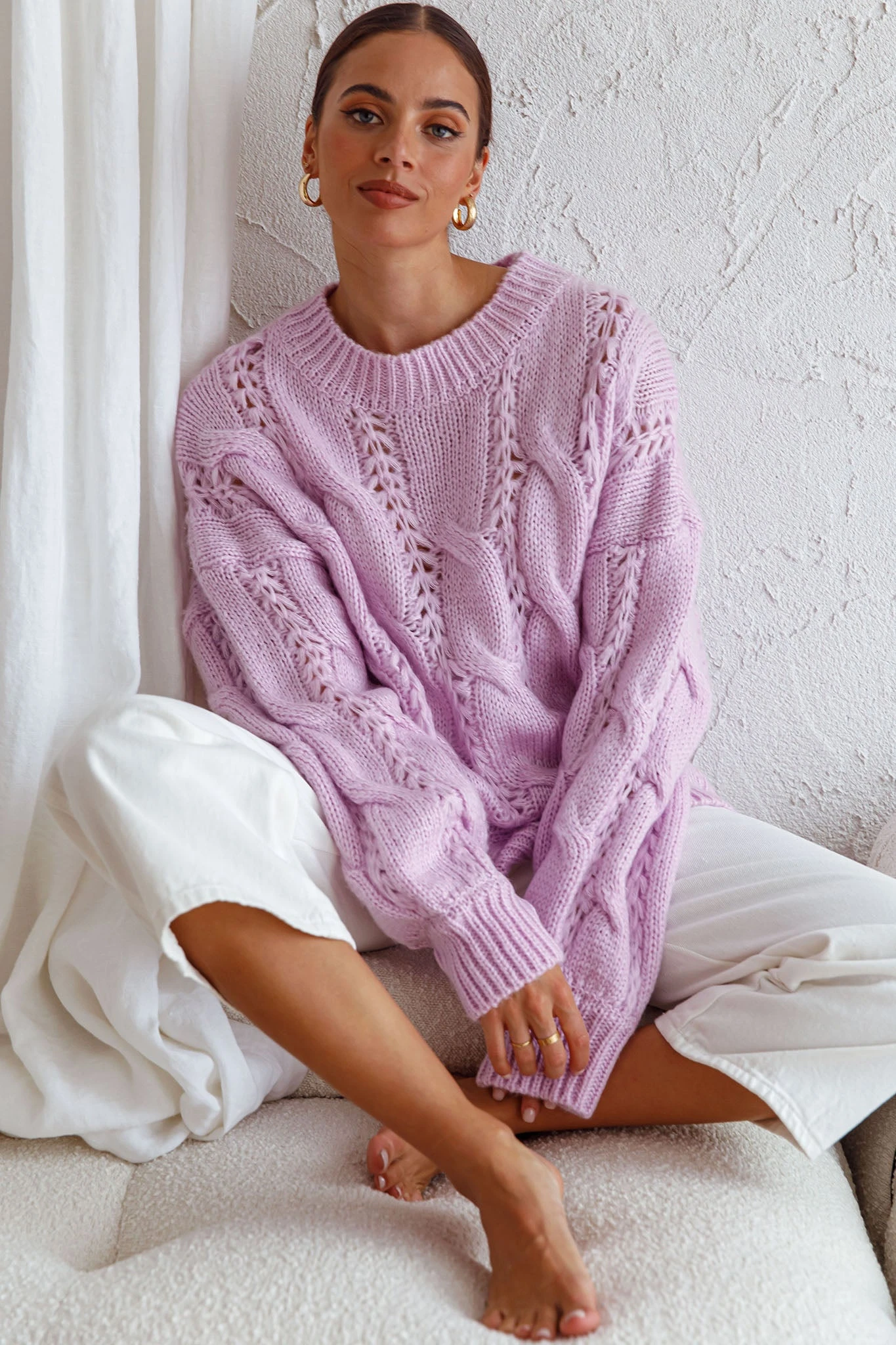 Nicola Long Sleeve Chunky Cable Knit Sweater Lilac 10 Nicola Long Sleeve Chunky Cable Knit Sweater Lilac - Image 8