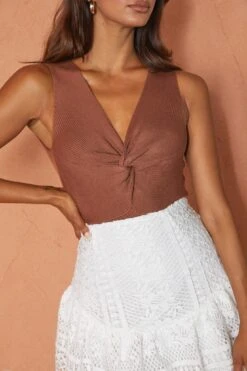 Next To You Sleeveless Twist Bust Knit Bodysuit Chocolate -Selfie Leslie Shop 71005D 20CHOCOLATE 4