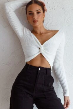 Dream Weaver Long Sleeve Twist Bust Crop Top White -Selfie Leslie Shop 71023D WHITE 7