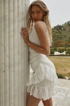 Cherish The Moment Ruched Ruffle Hail Spot Dress White -Selfie Leslie Shop A0041J WHITE 6