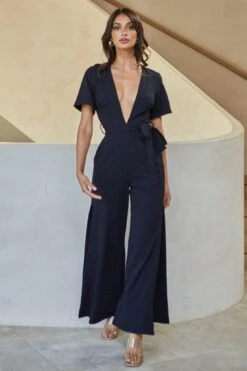 Rhone River Deep V-Neckline Wide Leg Waist Tie Jumpsuit Black -Selfie Leslie Shop A0222J BLACK 2