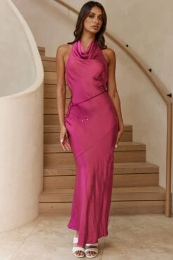 India Cowl Halterneck Satin Maxi Dress Fuchsia -Selfie Leslie Shop A0249D 20FUCHSIA 4