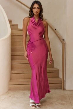India Cowl Halterneck Satin Maxi Dress Fuchsia -Selfie Leslie Shop A0249D 20FUCHSIA 7