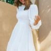 Secret Garden Long Sleeve Smocked Bodice Dress White 1 Secret Garden Long Sleeve Smocked Bodice Dress White -Selfie Leslie Shop CM0378D07 WHITE 1