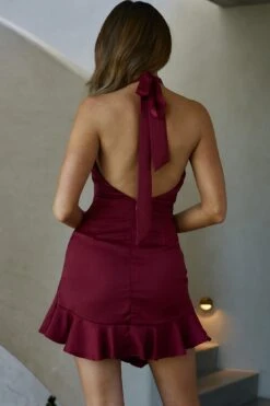 On The Prowl Halterneck Asymmetrical Hem Dress Wine -Selfie Leslie Shop CM0414BS04 20WINE 9