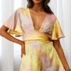 Unconditional Plunging Wrap Style Romper Marbled Tie Dye Pink/Yellow -Selfie Leslie Shop CM0415D PINK YELLOW 1