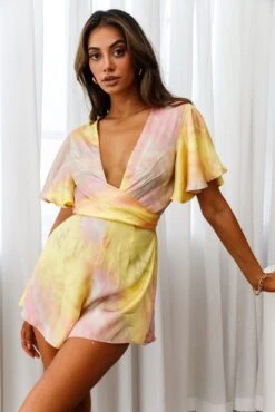 Unconditional Plunging Wrap Style Romper Marbled Tie Dye Pink/Yellow -Selfie Leslie Shop CM0415D PINK YELLOW 5