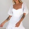 Ring My Bell Sheer Puff Sleeve Embroidery Detail Dress White