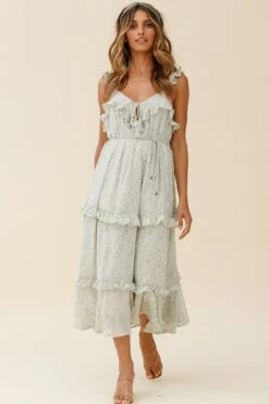 Priscilla Tied Bust Frill Detail Maxi Dress Floral Print Olive -Selfie Leslie Shop CM0486B OLIVE 3