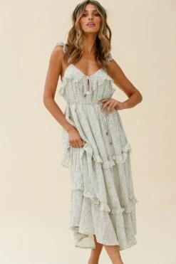 Priscilla Tied Bust Frill Detail Maxi Dress Floral Print Olive -Selfie Leslie Shop CM0486B OLIVE 4