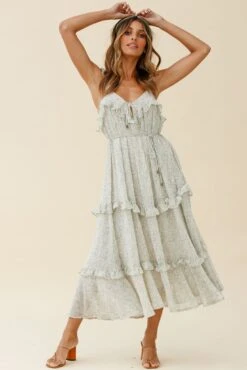 Priscilla Tied Bust Frill Detail Maxi Dress Floral Print Olive -Selfie Leslie Shop CM0486B OLIVE 5