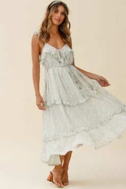 Priscilla Tied Bust Frill Detail Maxi Dress Floral Print Olive -Selfie Leslie Shop CM0486B OLIVE 8